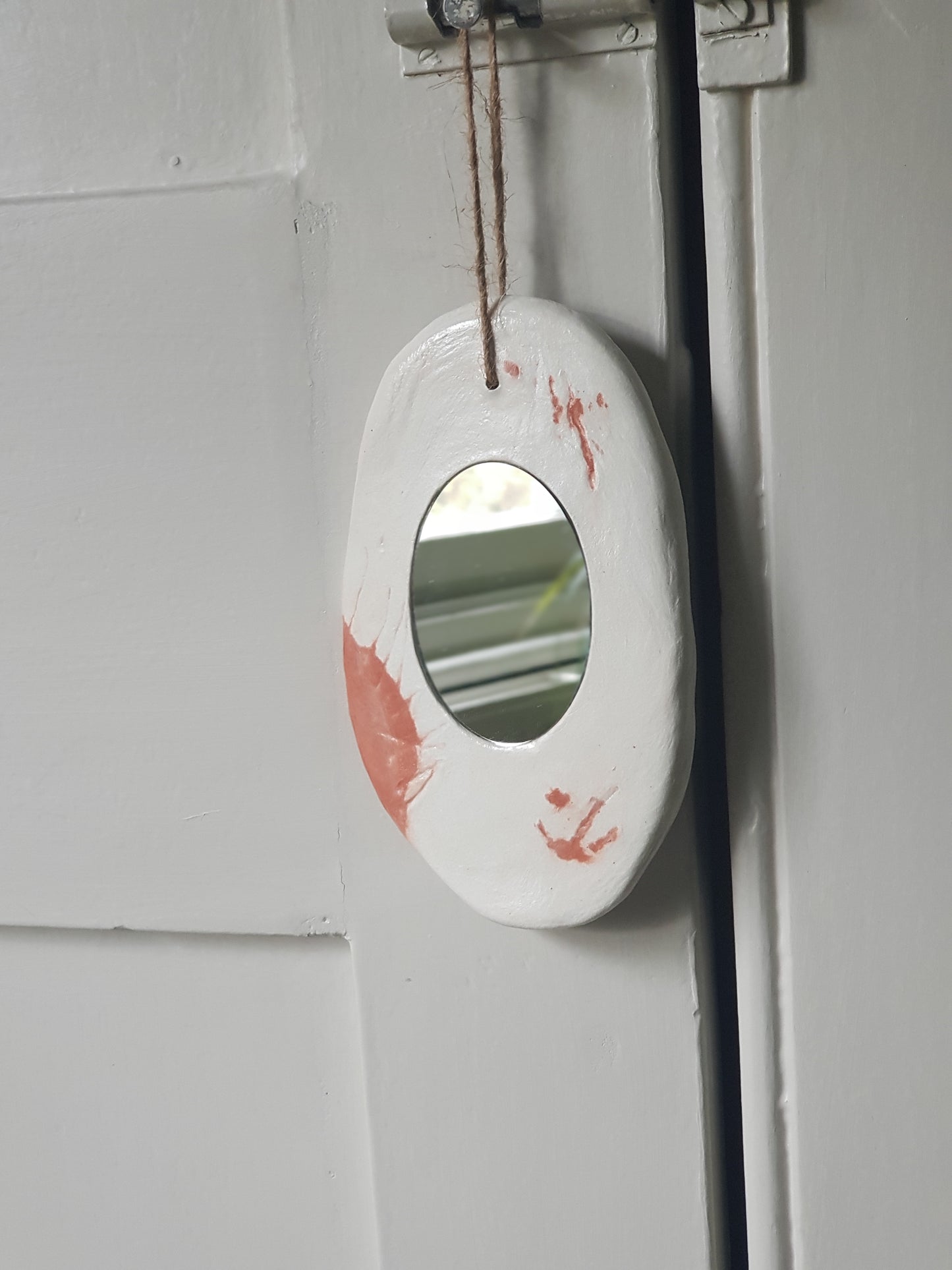 Handmade Air Dry Clay Mirror - Twine Hung, White with Terracotta