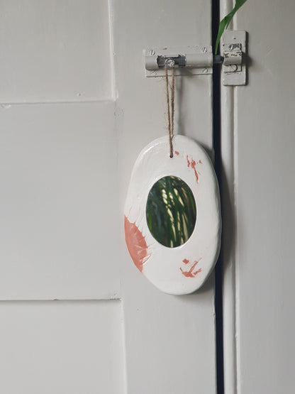 Handmade Air Dry Clay Mirror - Twine Hung, White with Terracotta