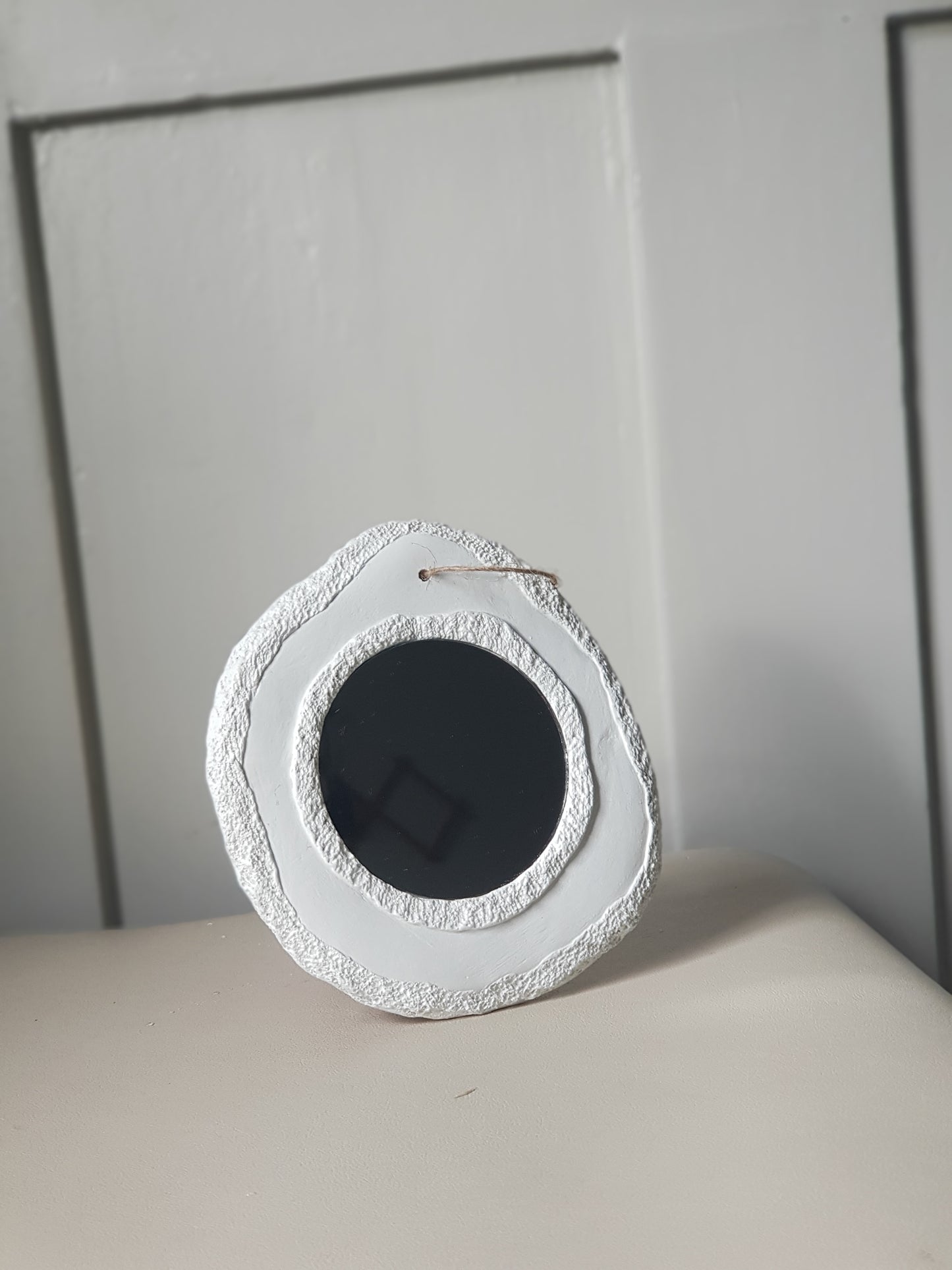 Handmade Air Dry Clay Mirror - Twine Hung, Natural White
