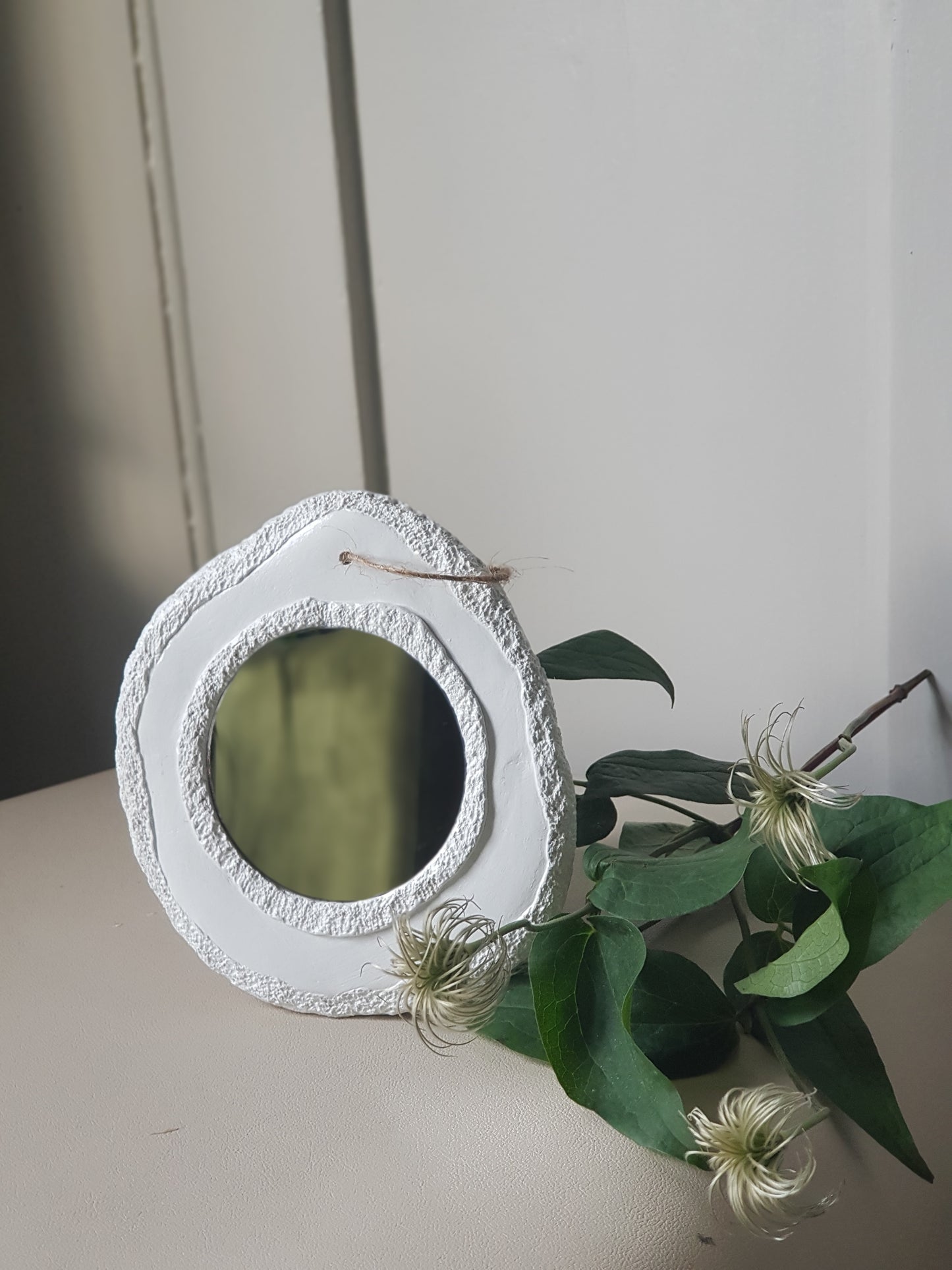 Handmade Air Dry Clay Mirror - Twine Hung, Natural White