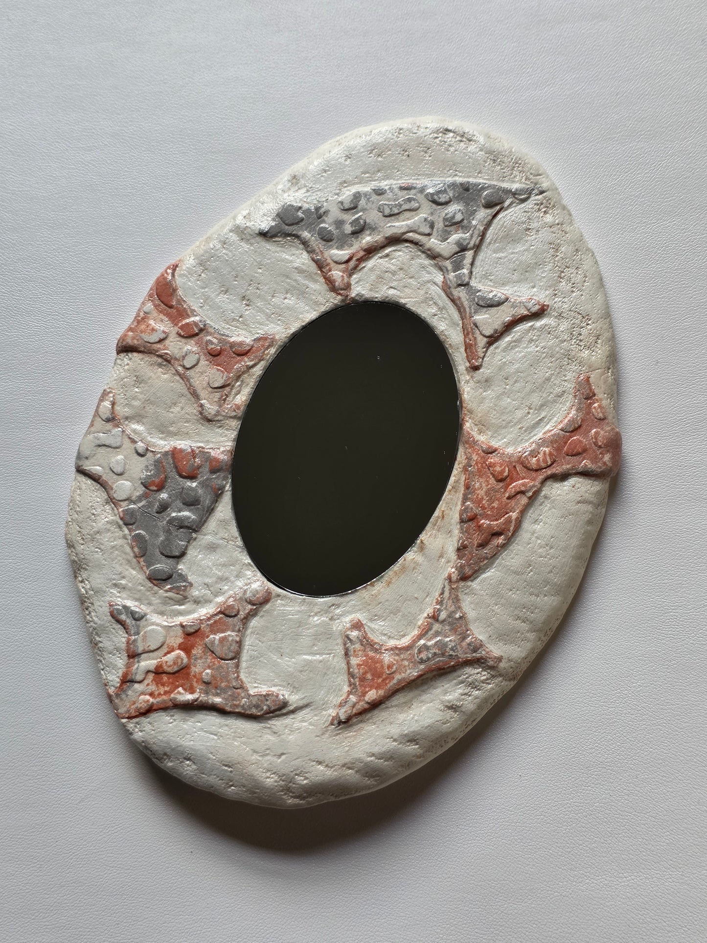 Handmade Air Dry Clay Mirror - Hanging Hook Mount, White Stone Terracotta