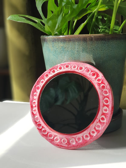 Handmade Air Dry Clay Mirror - Magnetic Mount, Pink Red