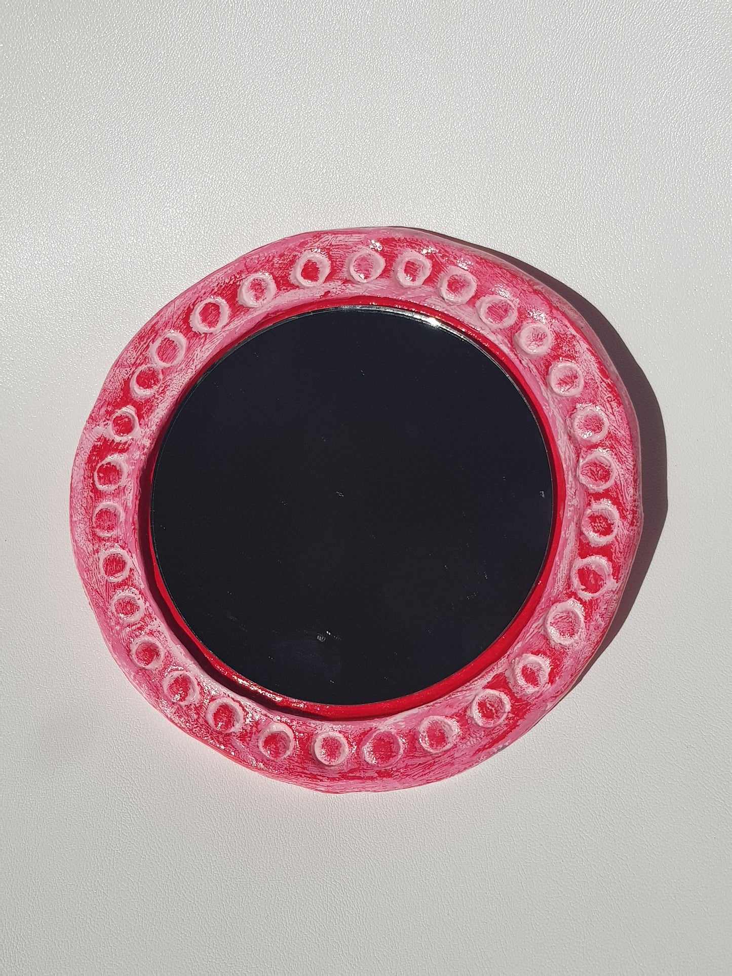 Handmade Air Dry Clay Mirror - Magnetic Mount, Pink Red