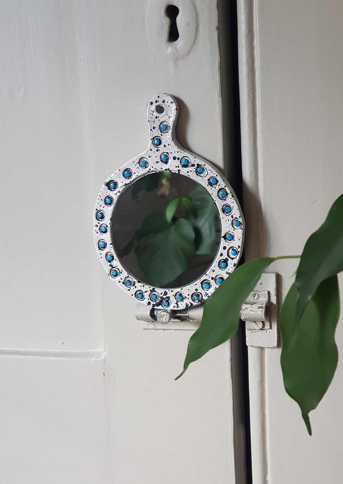 Handmade Air Dry Clay Mirror - Twine Hung, White with Blue Accents