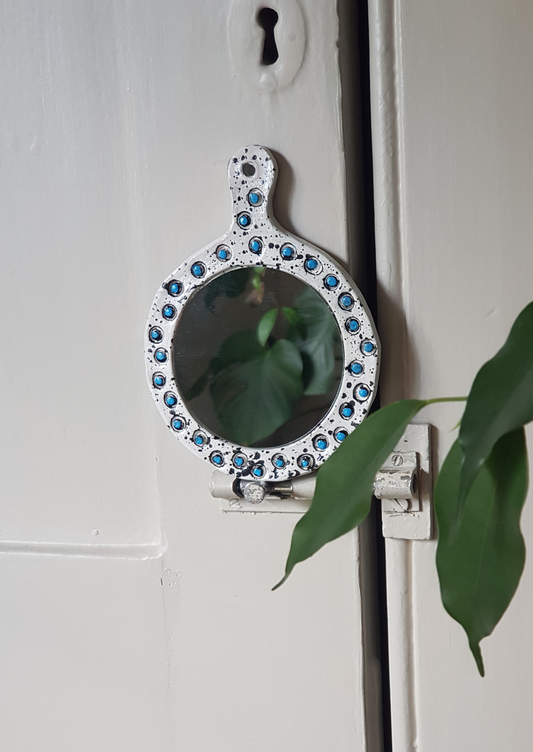 Handmade Air Dry Clay Mirror - Twine Hung, White with Blue Accents