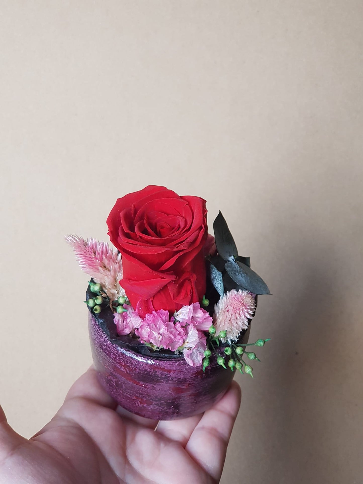 Preserved Red Rose & Dried Flower Arrangement in Handmade Air Dry Clay Pot