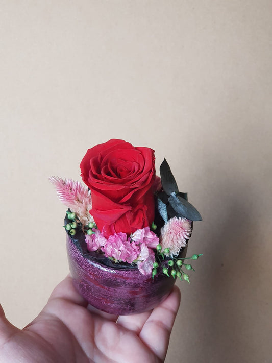 Preserved Red Rose & Dried Flower Arrangement in Handmade Air Dry Clay Pot