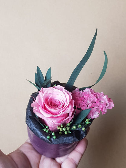 Preserved Pink Rose & Dried Flower Arrangement in Handmade Air Dry Clay Pot
