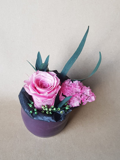 Preserved Pink Rose & Dried Flower Arrangement in Handmade Air Dry Clay Pot