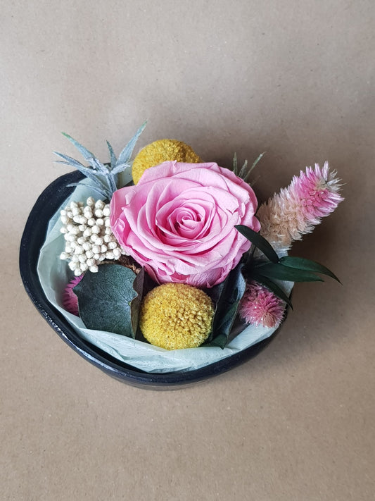 Preserved Pink Rose, Dried and Artificial Flower Arrangement in Handmade Air Dry Clay Pot