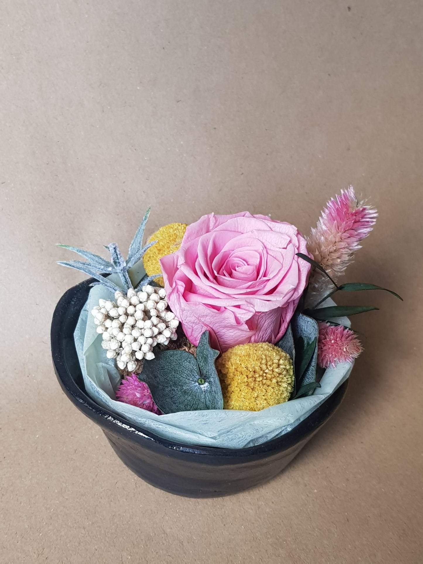 Preserved Pink Rose, Dried and Artificial Flower Arrangement in Handmade Air Dry Clay Pot