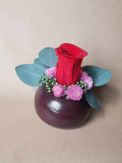 Preserved Red Rose & Dried Flower Arrangement in Handmade Air Dry Clay Pot