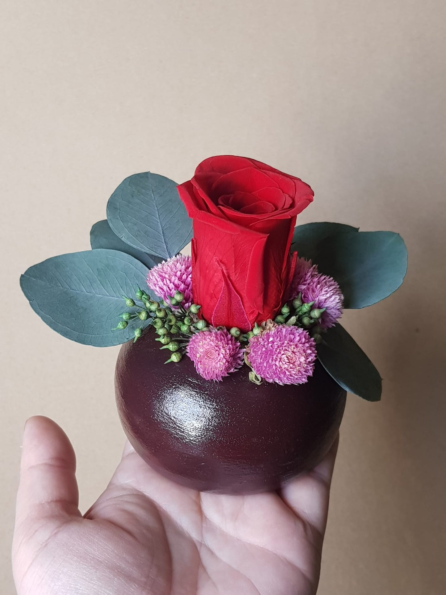 Preserved Red Rose & Dried Flower Arrangement in Handmade Air Dry Clay Pot