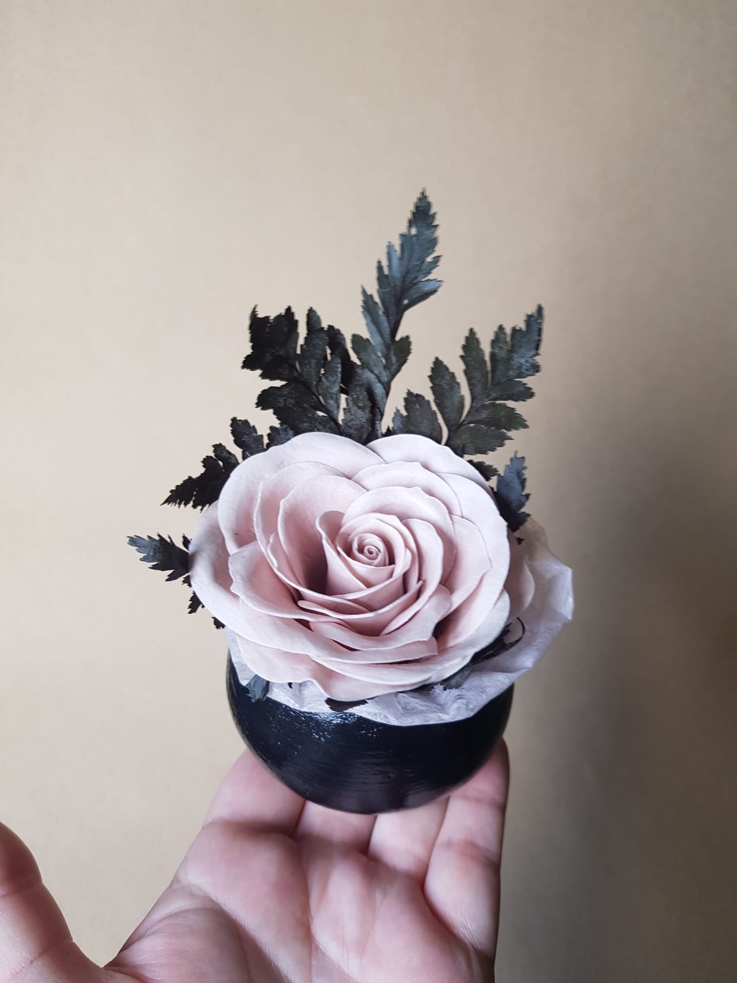 Scented Artificial Rose & Preserved Leaves Flower Arrangement in Handmade Air Dry Clay Pot