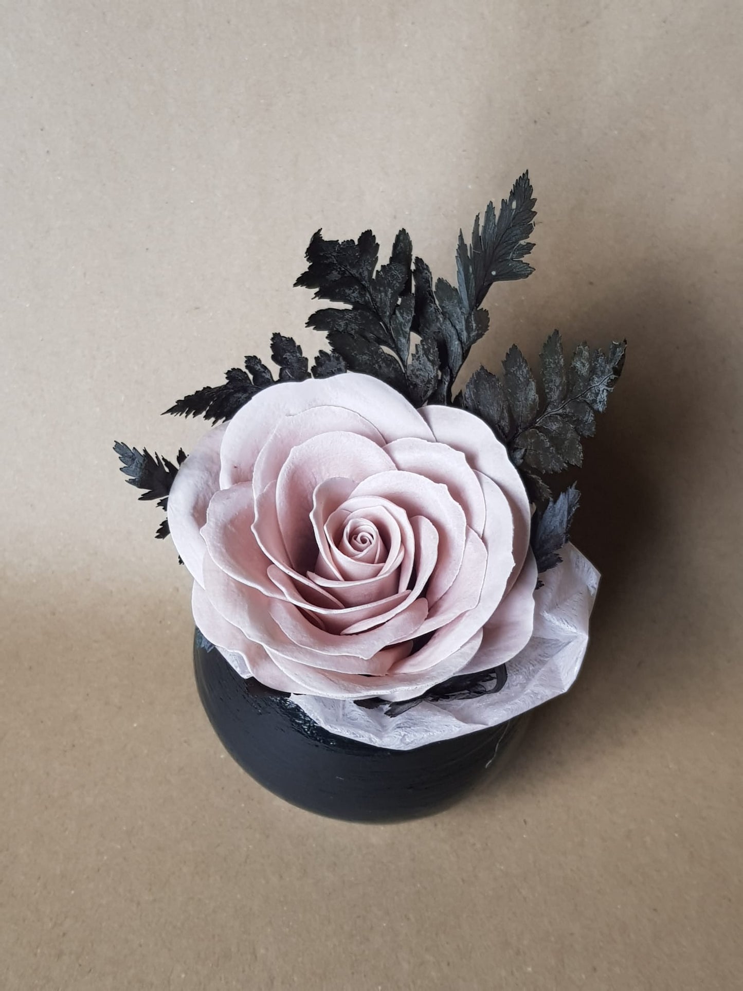 Scented Artificial Rose & Preserved Leaves Flower Arrangement in Handmade Air Dry Clay Pot