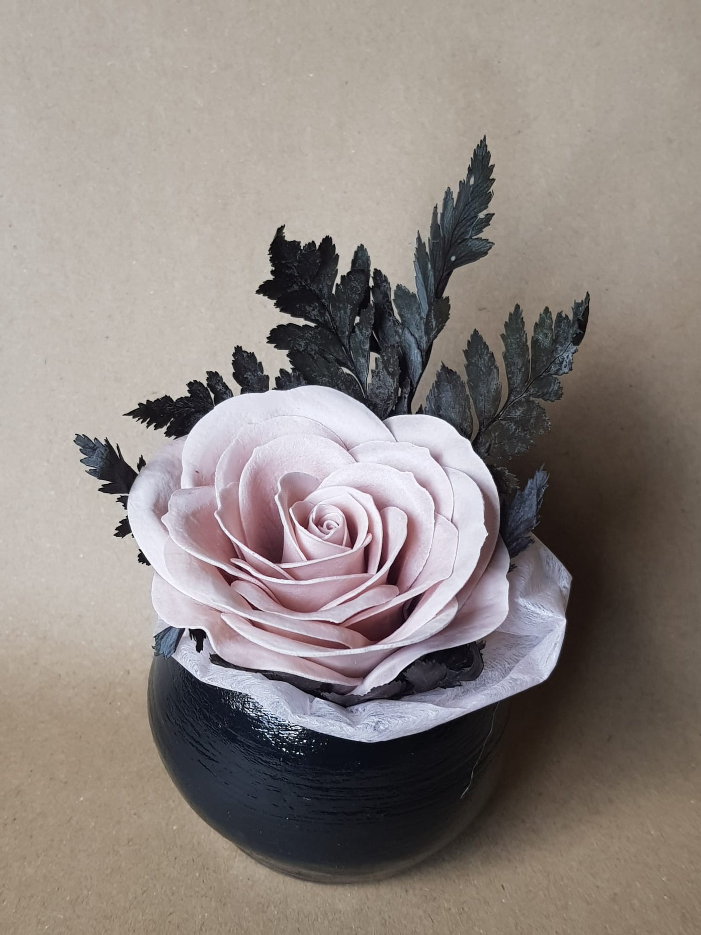 Scented Artificial Rose & Preserved Leaves Flower Arrangement in Handmade Air Dry Clay Pot