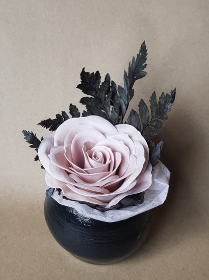 Scented Artificial Rose & Preserved Leaves Flower Arrangement in Handmade Air Dry Clay Pot