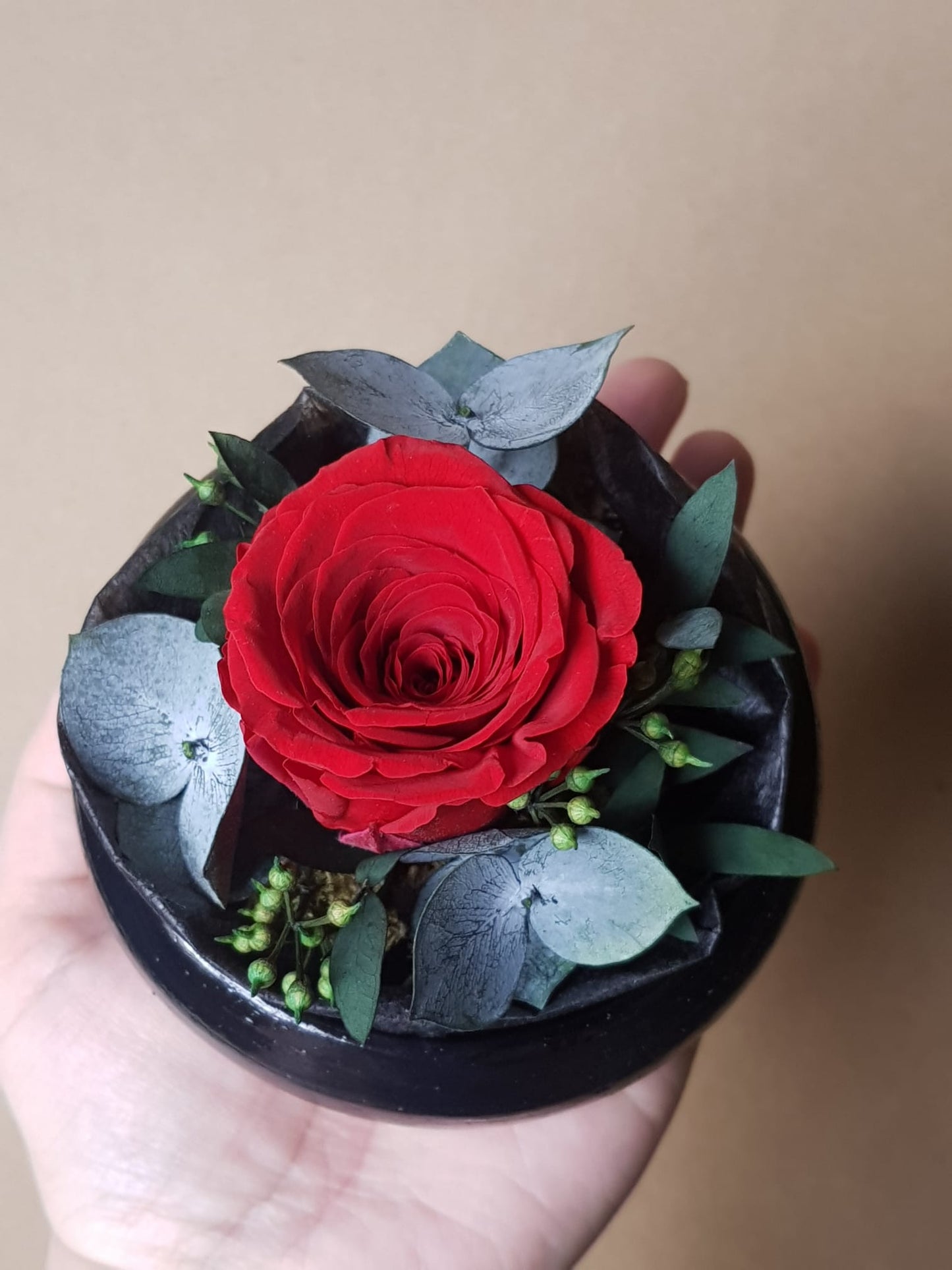 Preserved Red Rose & Foliage Flower Arrangement in Handmade Air Dry Clay Pot