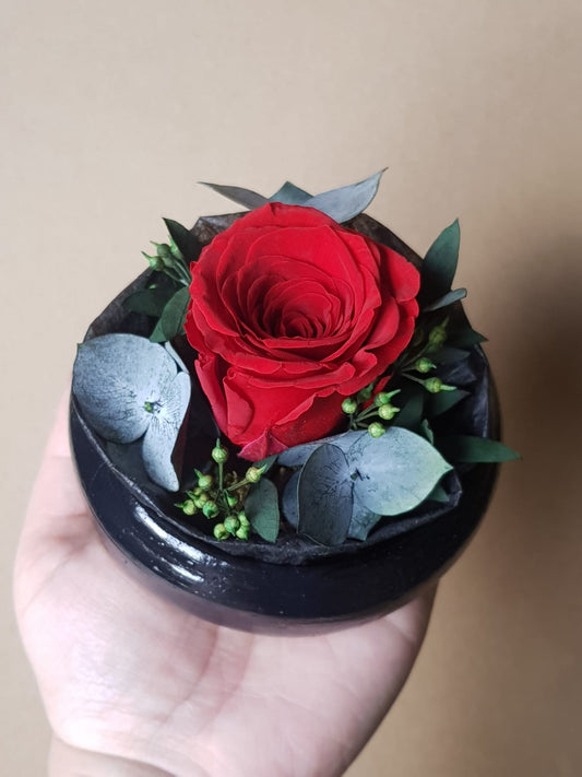 Preserved Red Rose & Foliage Flower Arrangement in Handmade Air Dry Clay Pot