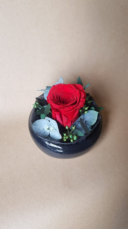 Preserved Red Rose & Foliage Flower Arrangement in Handmade Air Dry Clay Pot
