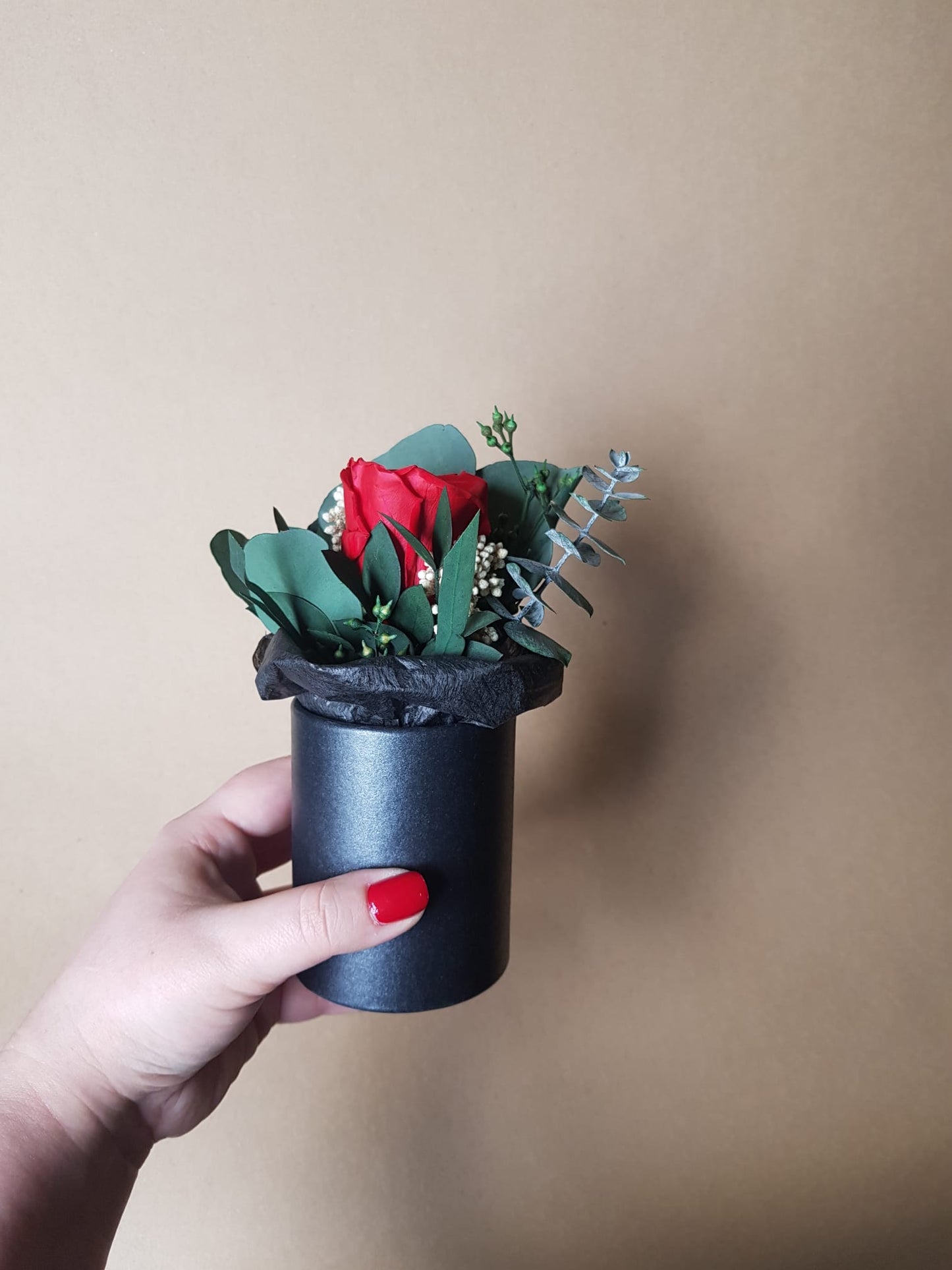 Preserved Red Rose & Dried Flower Arrangement in Black Paper Pot