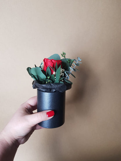 Preserved Red Rose & Dried Flower Arrangement in Black Paper Pot