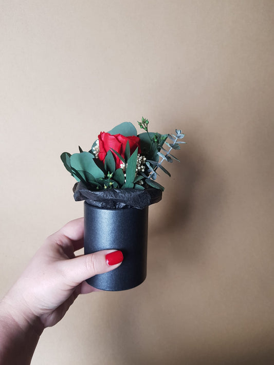 Preserved Red Rose & Dried Flower Arrangement in Black Paper Pot