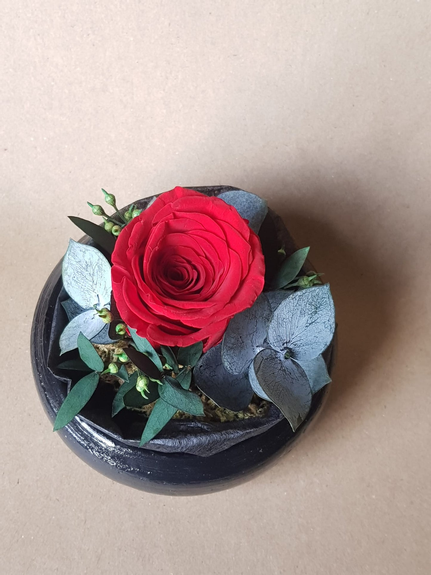 Preserved Red Rose & Foliage Flower Arrangement in Handmade Air Dry Clay Pot