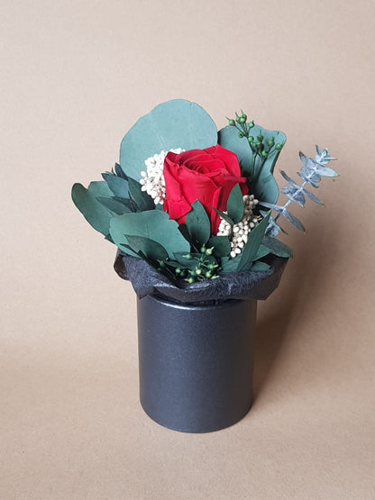 Preserved Red Rose & Dried Flower Arrangement in Black Paper Pot