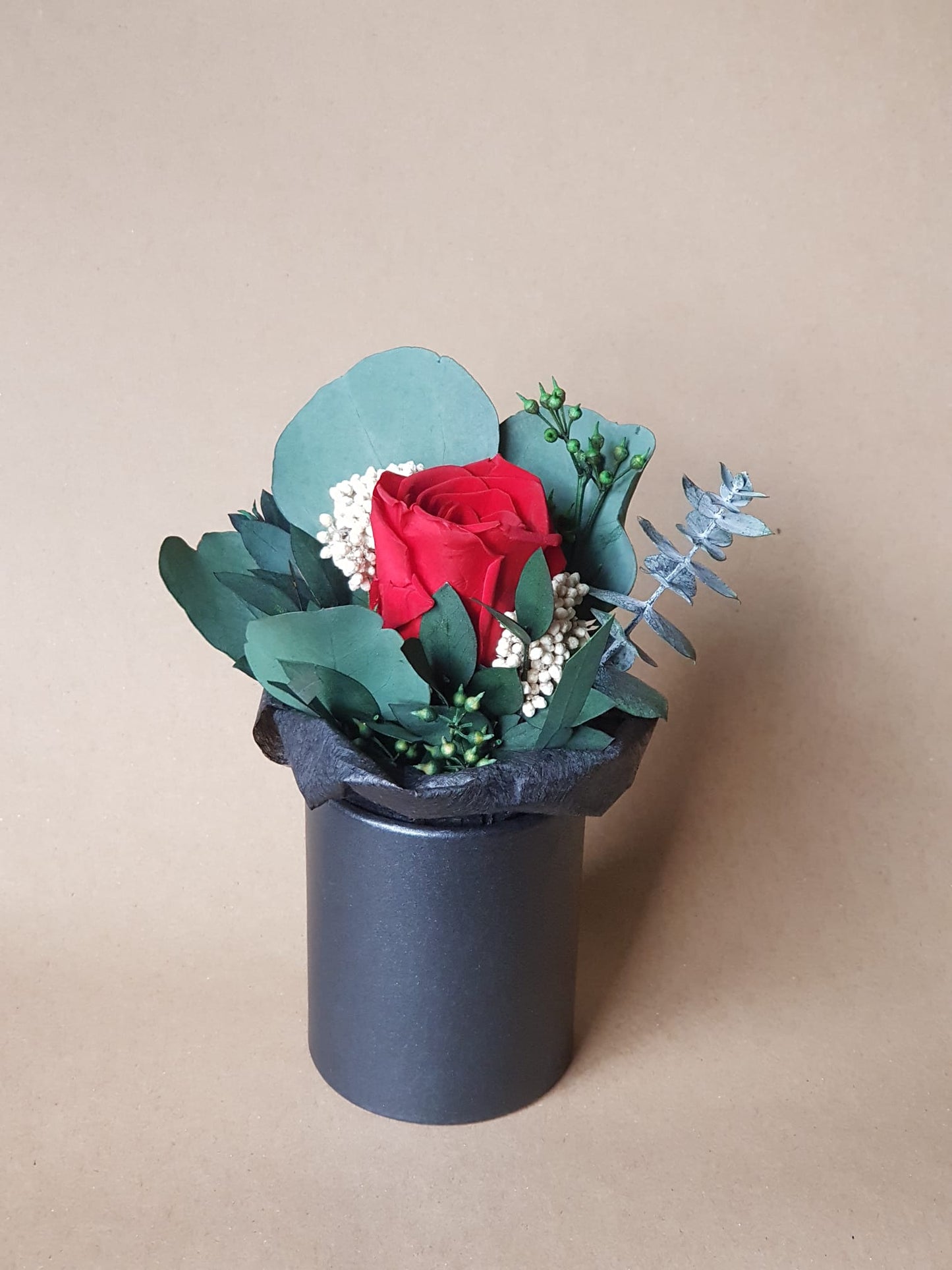 Preserved Red Rose & Dried Flower Arrangement in Black Paper Pot
