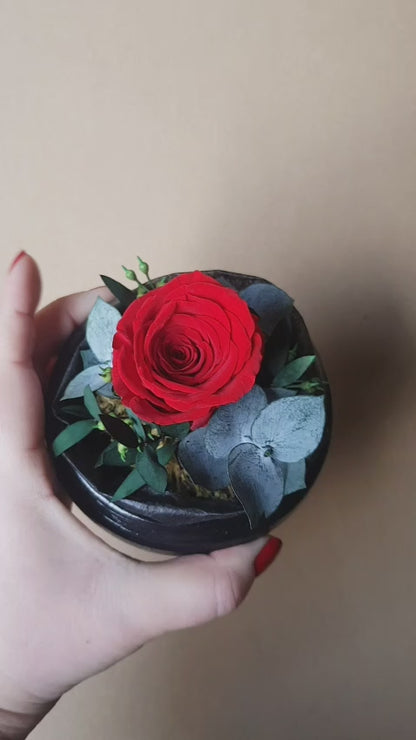 Preserved Red Rose & Foliage Flower Arrangement in Handmade Air Dry Clay Pot
