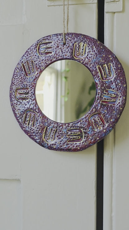 Handmade Air Dry Clay Mirror - Twine Hung, Purple Blue with Gold Symbol Accents