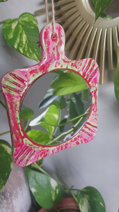Handmade Air Dry Clay Mirror - Twine Hung, Pink Green Rustic