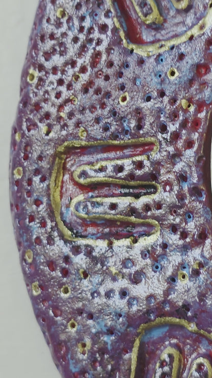 Handmade Air Dry Clay Mirror - Twine Hung, Purple Blue with Gold Symbol Accents